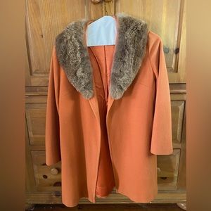 Vintage ILGWU Burnt Orange Wool Coat with Rabbit Fur Trim